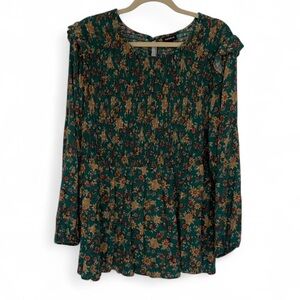 Torrid Green Floral Peplum Crinkle Gauze Smocked Long Sleeve Top